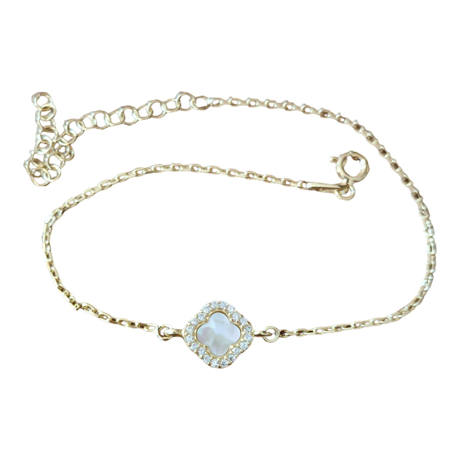 Bracelet argent rhodié \'Trèfles\' blanc nacré doré - 10 mm - [S1226]