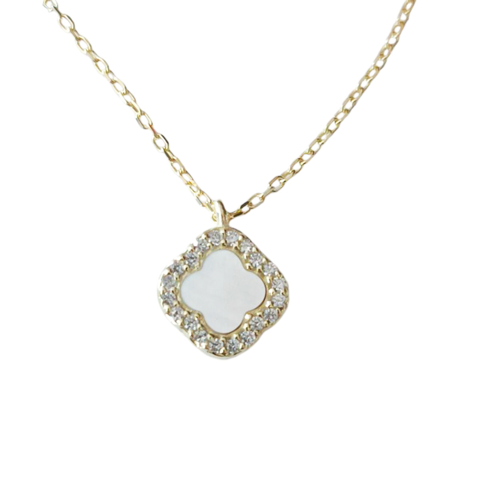 Collier Argent \'Trèfle à 4 feuilles\' blanc doré - 10 mm - [S1228]