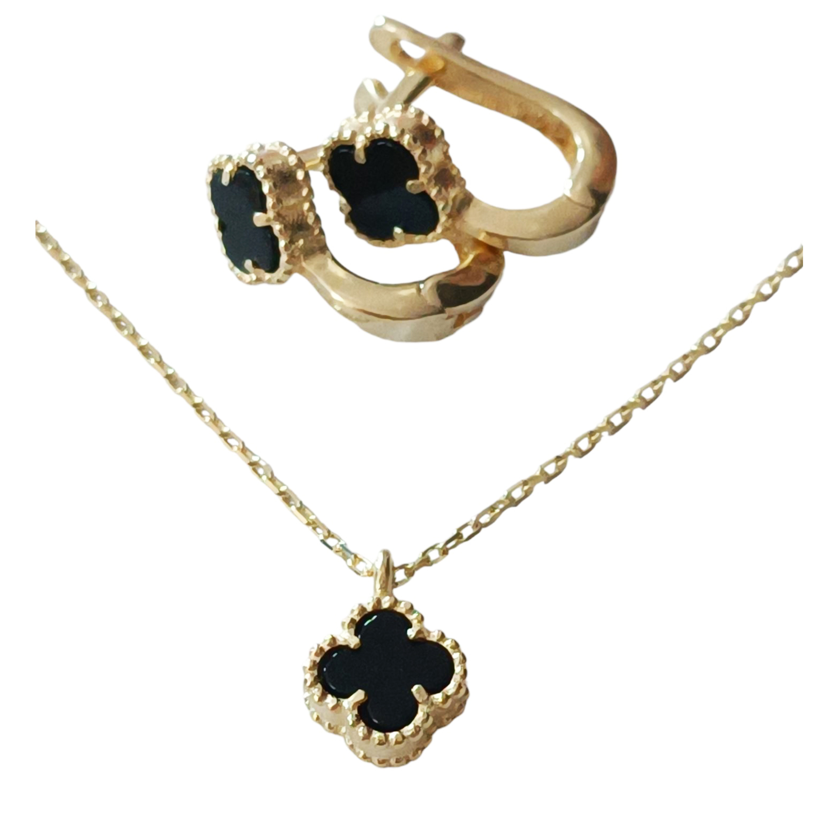 Parure Argent \'Trèfle à 4 Feuilles\' noir doré - 7 mm (boucles + pendentif) - [S1232]
