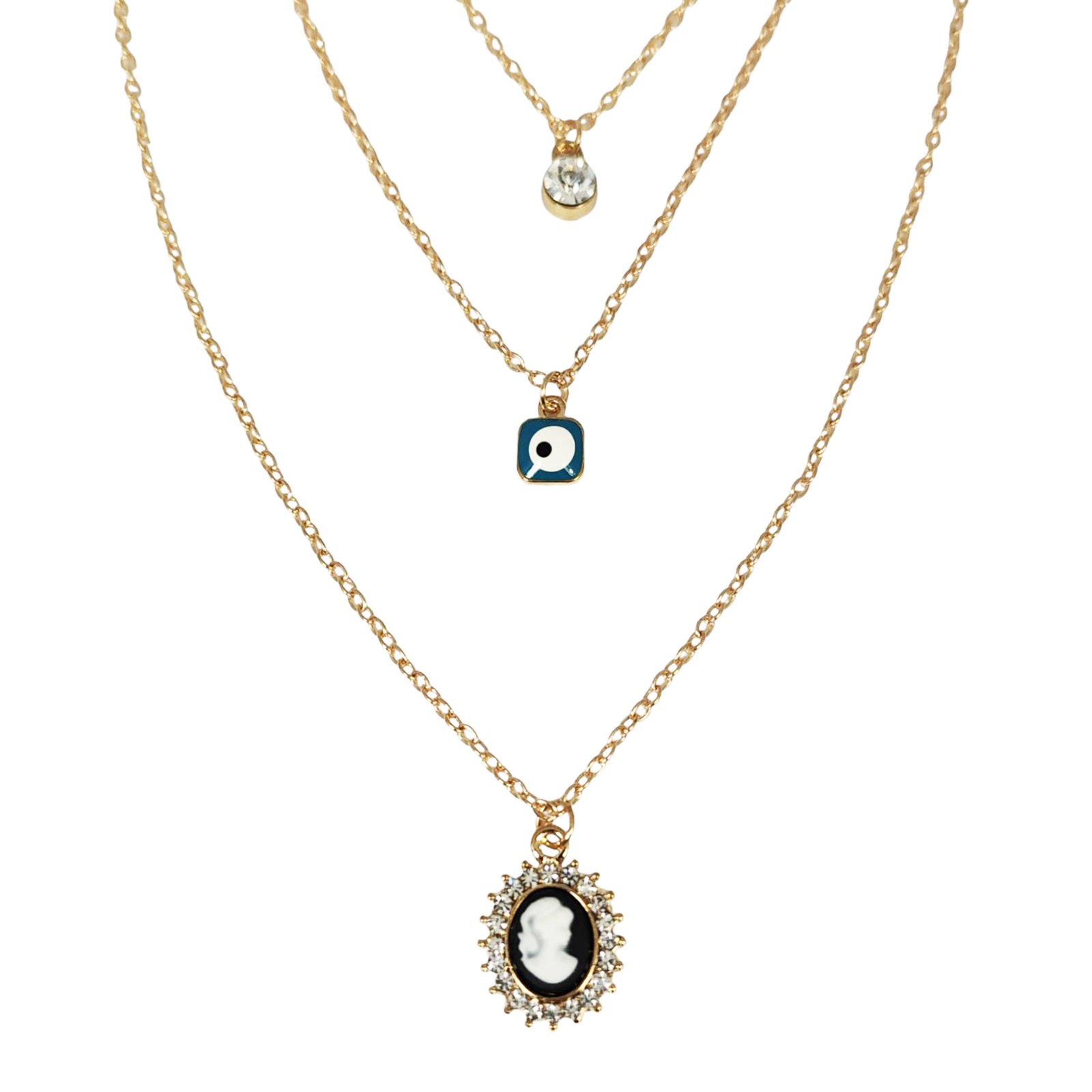 Collier Créateur \'Camée\' noir doré - 40-50-60 cm, 15x13 mm - [S1294]