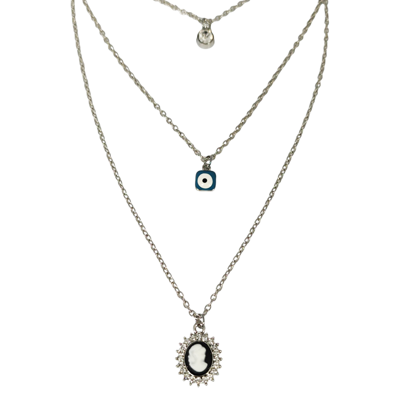 Collier Créateur \'Camée\' noir argenté - 40-50-60 cm, 15x13 mm - [S1295]