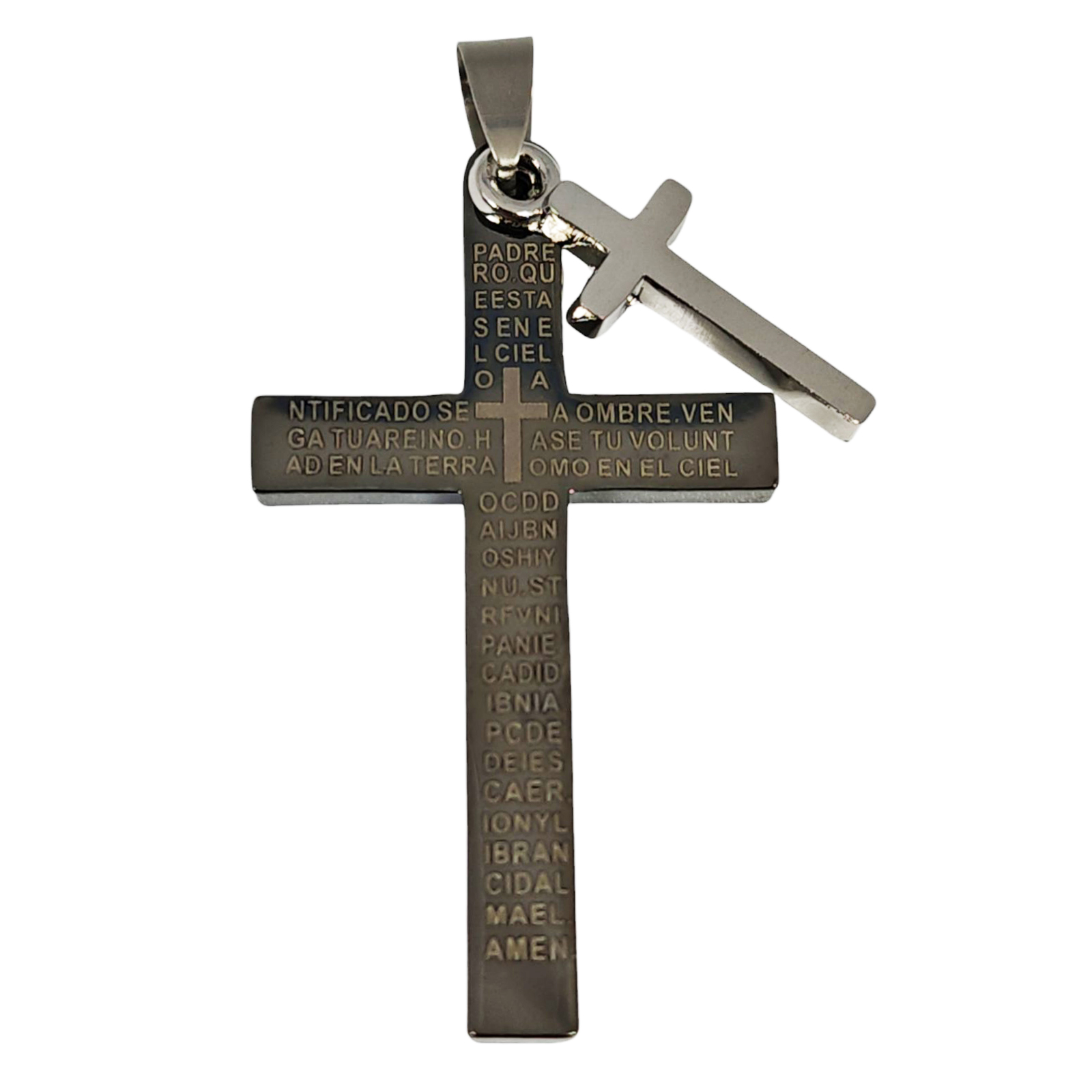 Pendentif acier \'Croix\' gris - 50x30 mm - [S1343]