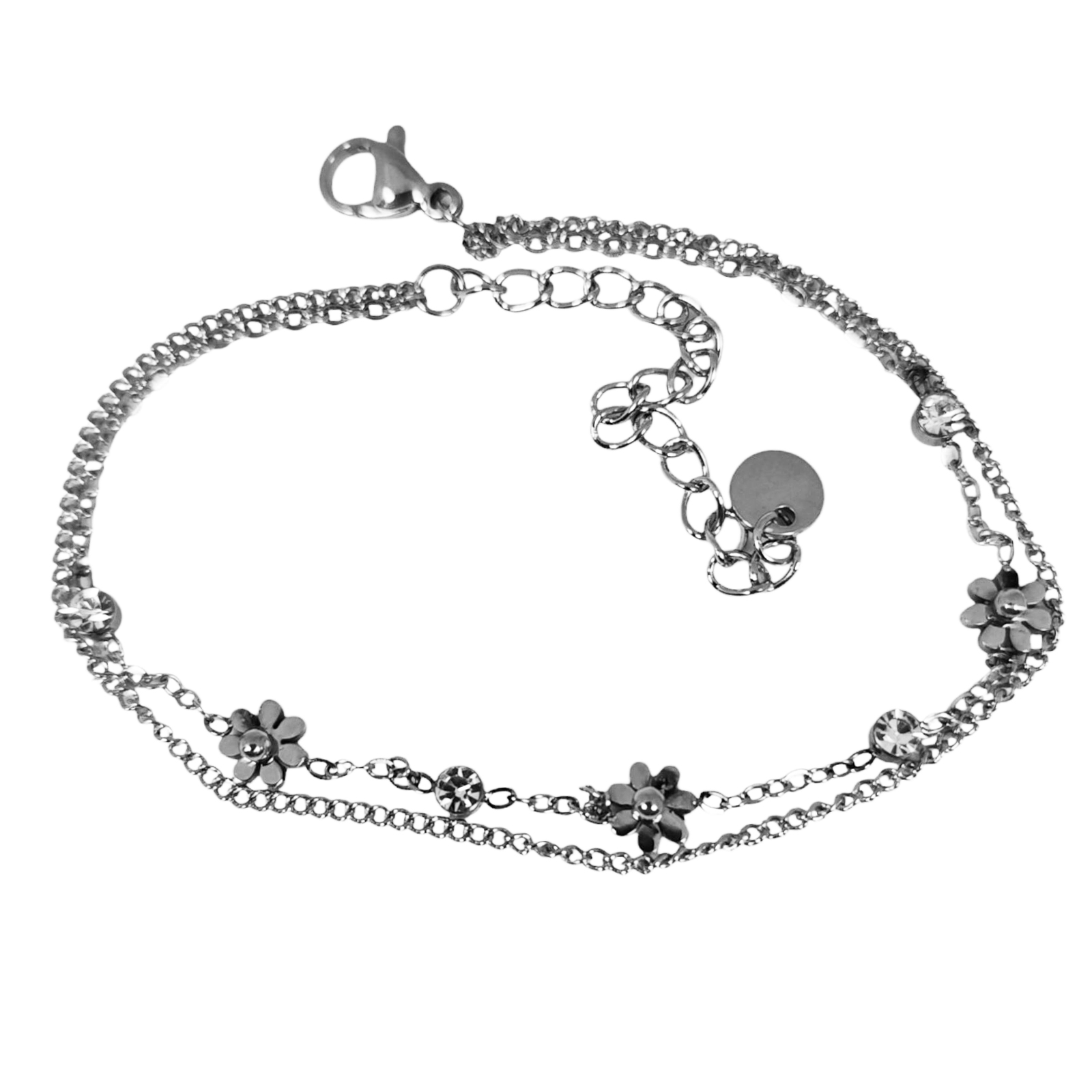 Bracelet créateur Acier double \'Cléopatra\' argenté - 5 mm (fleurs) - [S1415]