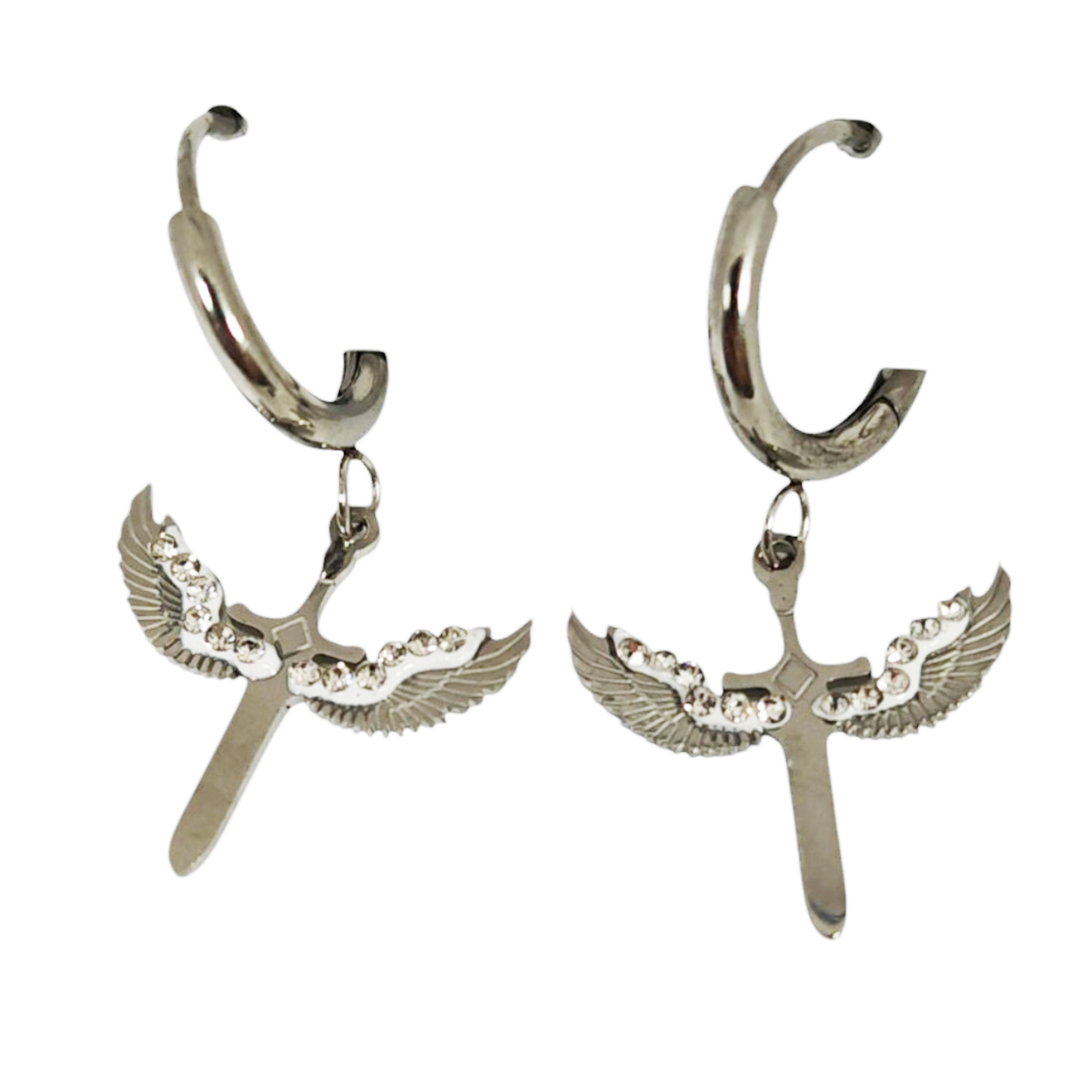 Créoles créateur acier \'Ailes d\'Ange\' argenté - 13 mm, 17x15 mm - [S1419]