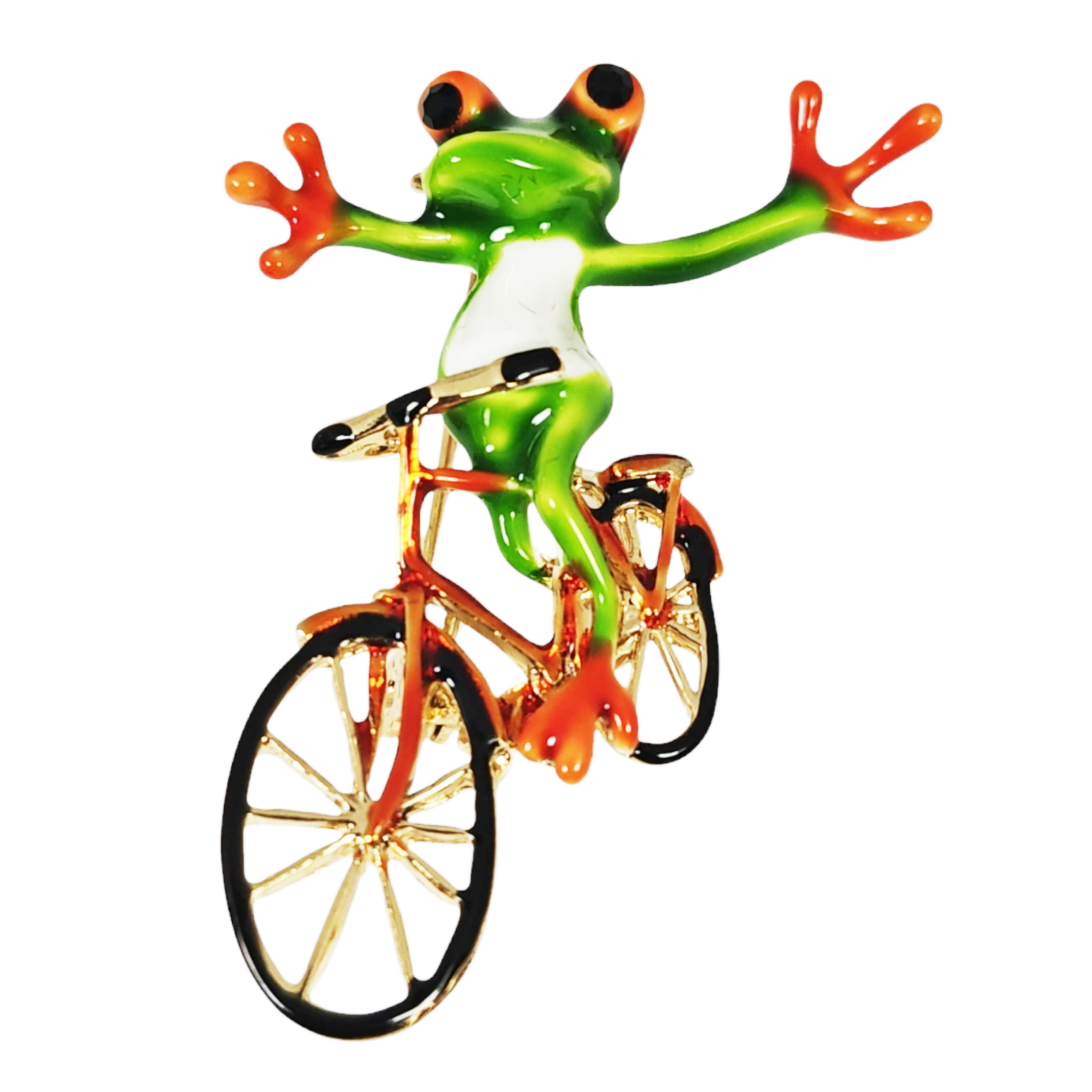 Broche Créateur \'Grenouille à Bicyclette\' vert orange - 50x30 mm - [S1426]