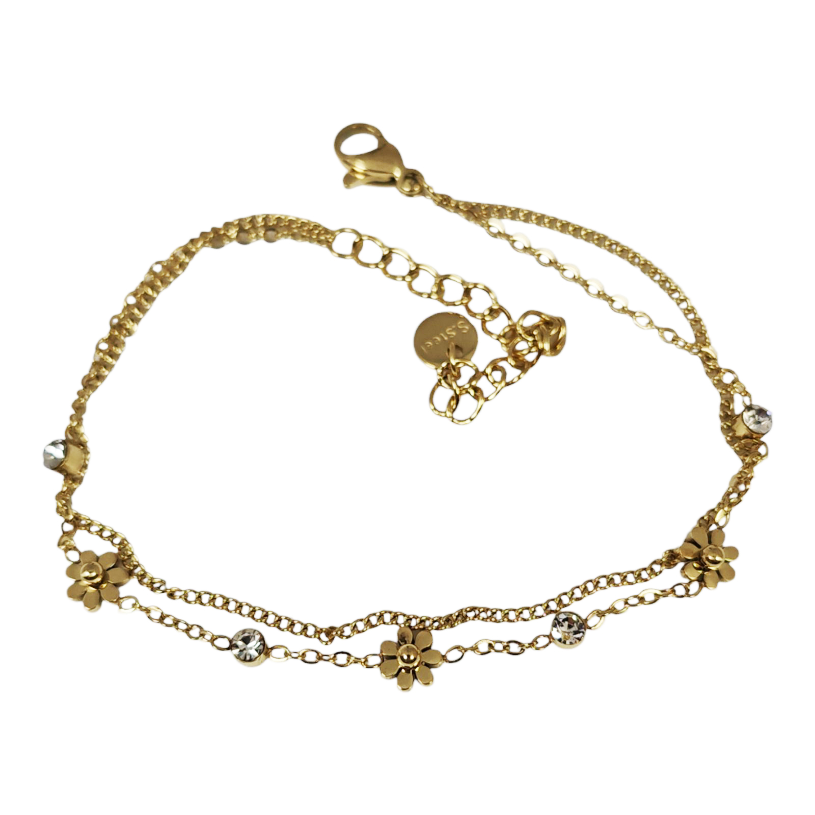 Bracelet créateur Acier double \'Cléopatra\' doré - 5 mm (fleurs) - [S1468]