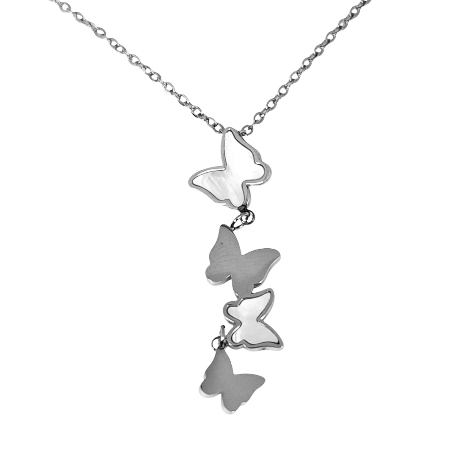 Collier créateur acier \'Papillons\' nacre argenté - 38x10 mm - [S1472]