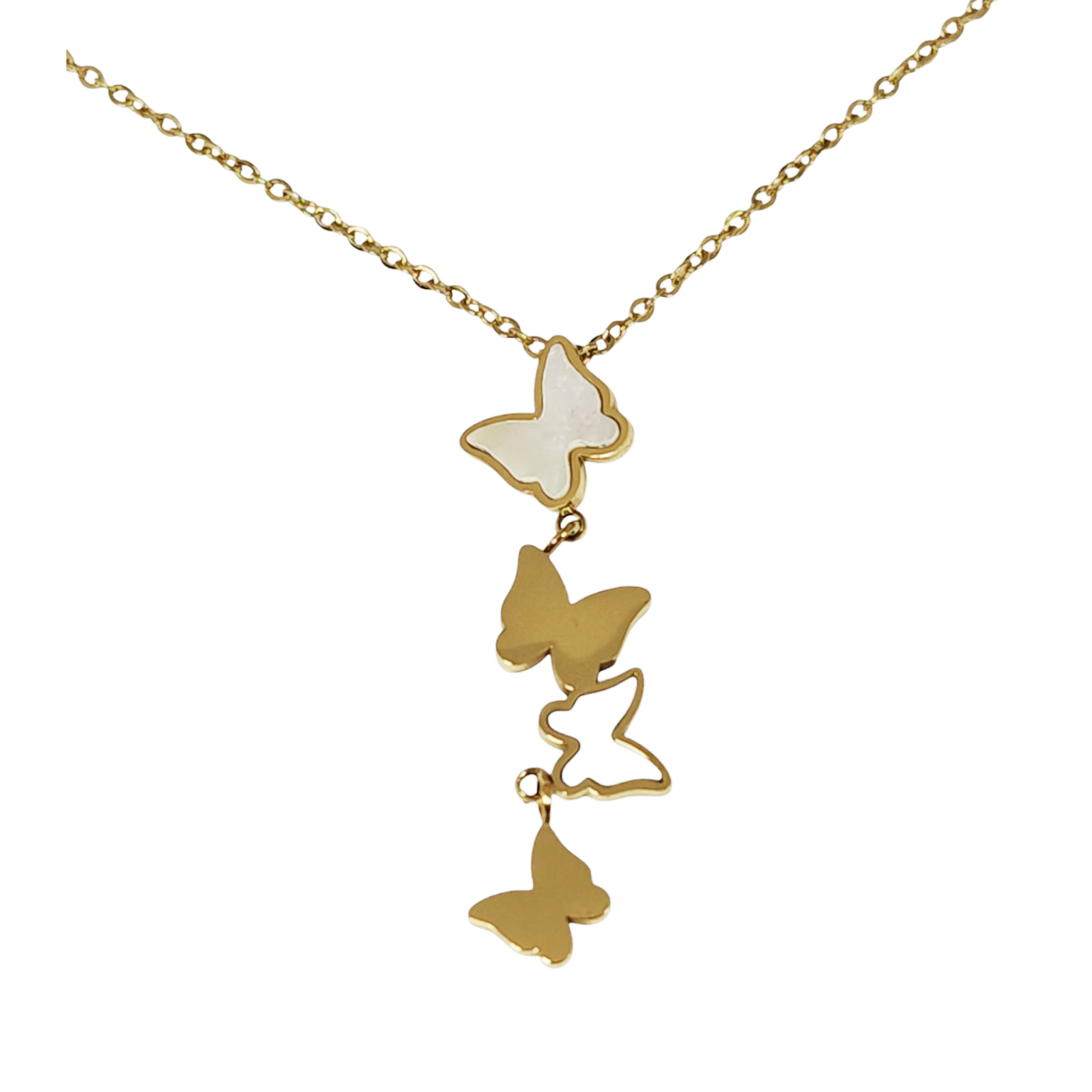 Collier créateur acier \'Papillons\' nacre doré - 38x10 mm - [S1486]