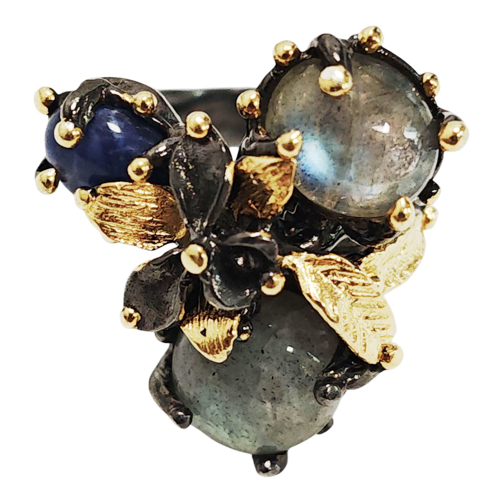 Bague argent \'Lyrielle\' labradorite gris bleu doré - 28 mm - [S1661]