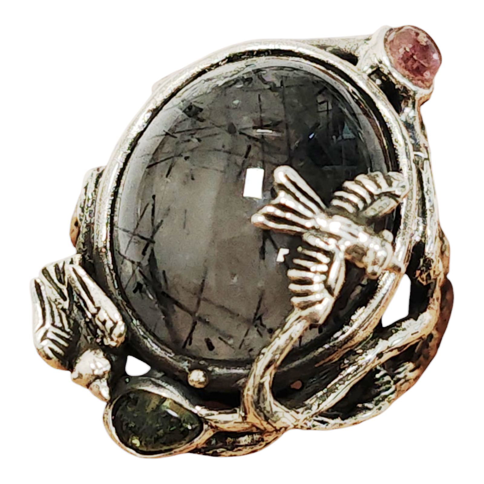 Bague argent \'Lyrielle\' labradorite gris (oiseaux) - 30 mm - [S1663]
