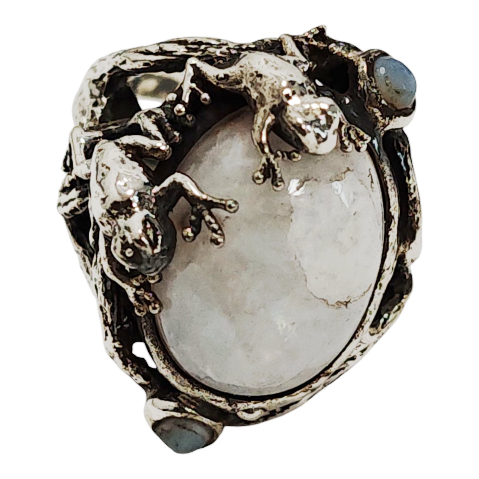 Bague argent \'Lyrielle\' pierre de lune gris (grenouilles) - 30 mm - [S1664]