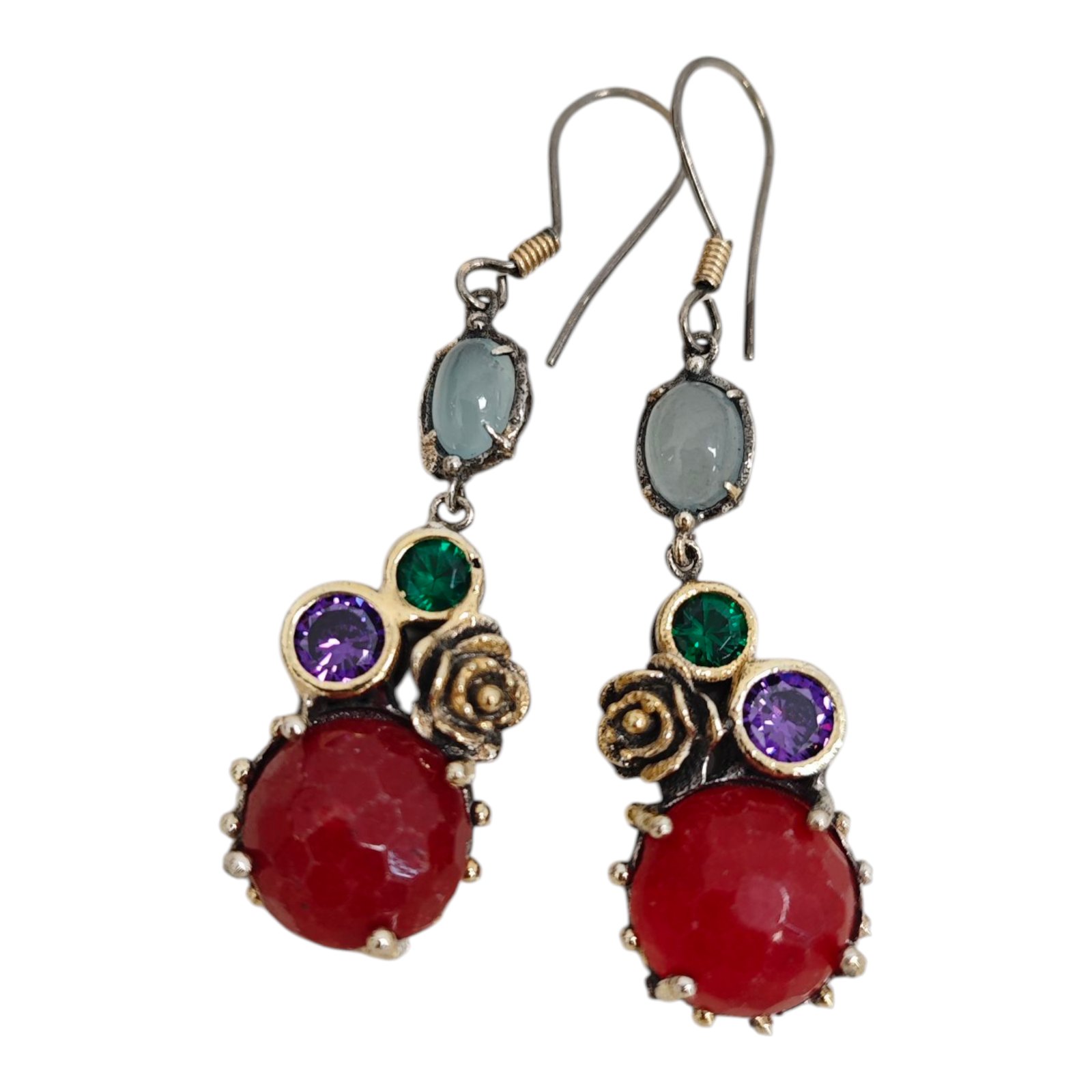Boucles Argent artisanales \'Lyrielle\' rouge vert violet argenté vieilli - 40x15 mm - [S1689]