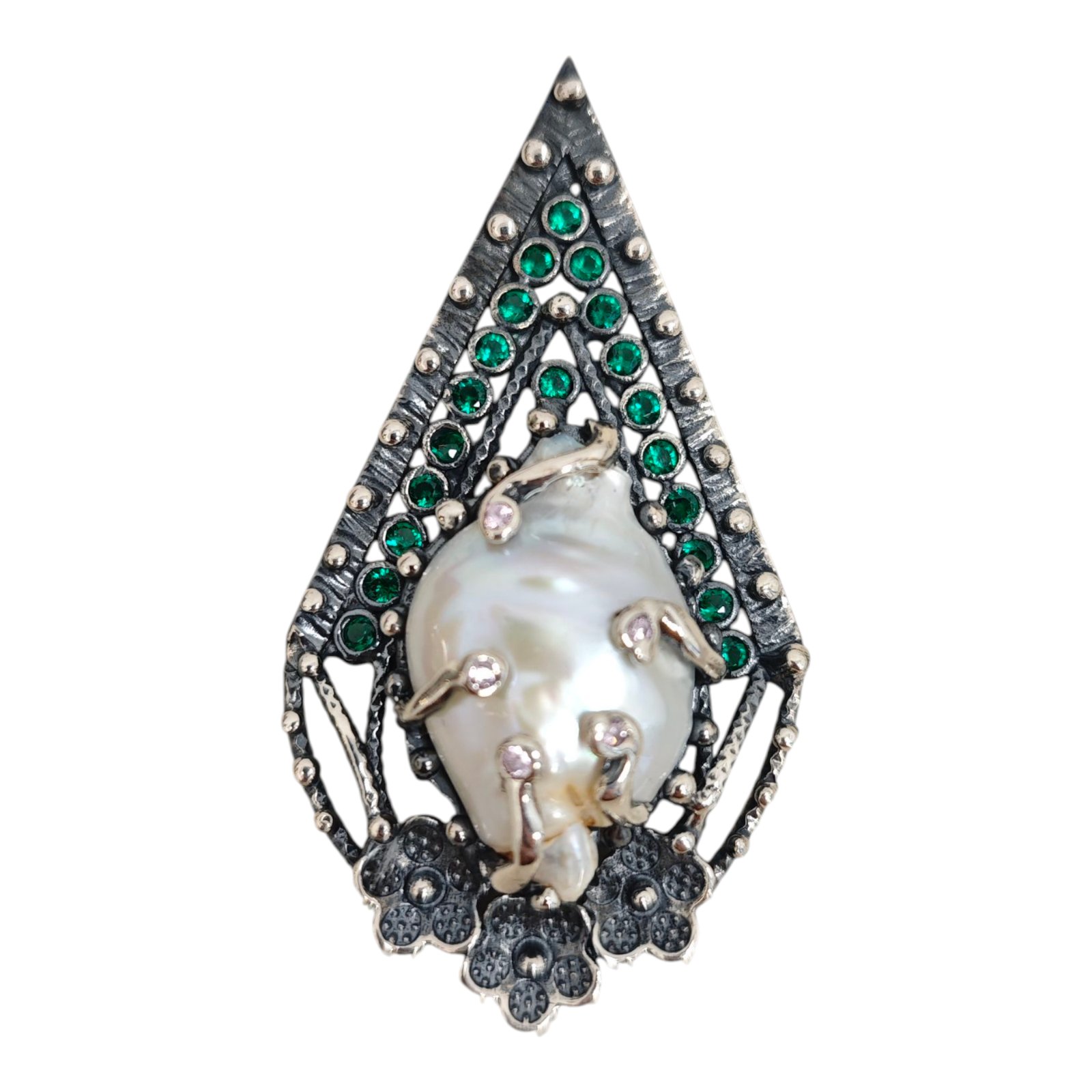Pendentif Argent artisanal \'Lyrielle\' blanc vert argenté vieilli - 60x32 mm - [S1690]