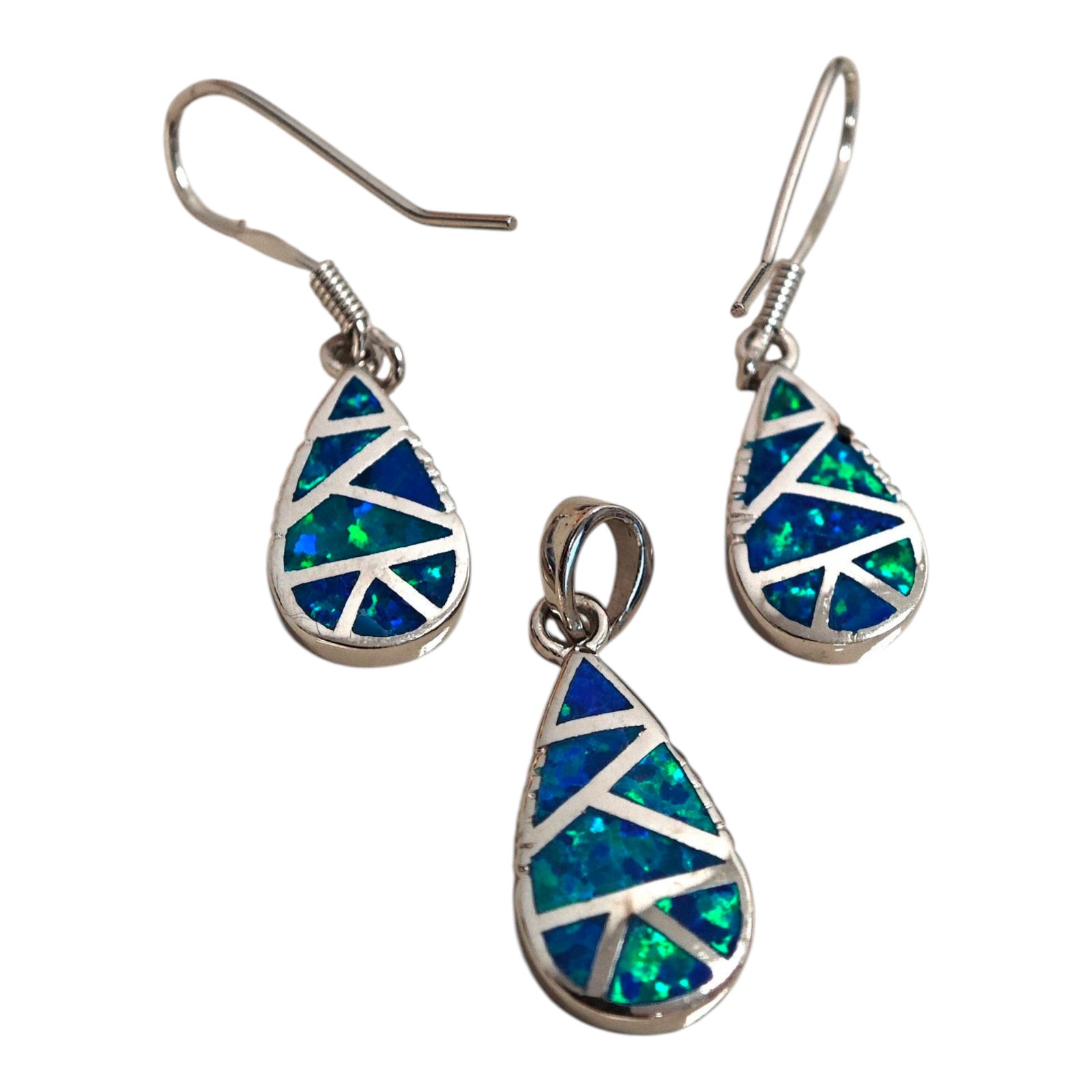 Parure Argent \'Déesse Opale\' bleu argenté (pendentif et boucles d\'oreilles) - [S1700]