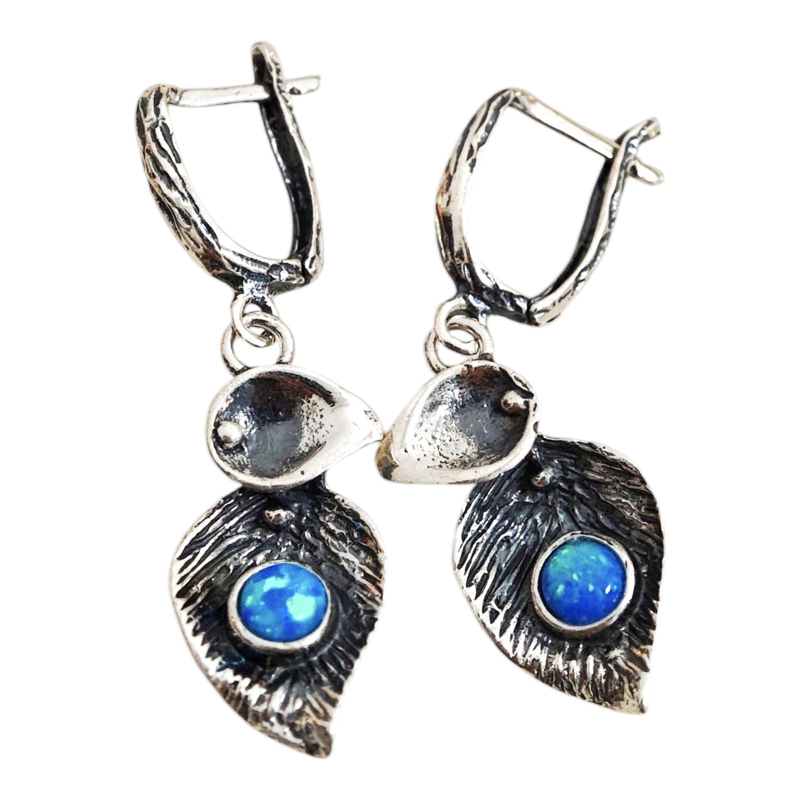 Boucles Argent \'Déesse Opale\' Bleu argenté vieilli - 20x10 mm - [S1703]