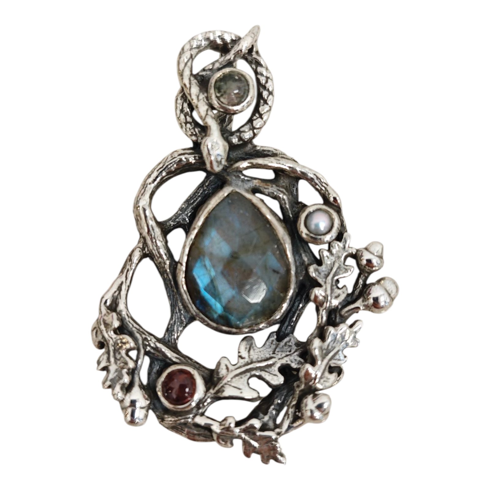 Pendentif Argent artisanal \'Lyrielle\' labradorite argenté vieilli - 50x35 mm - [S1691]