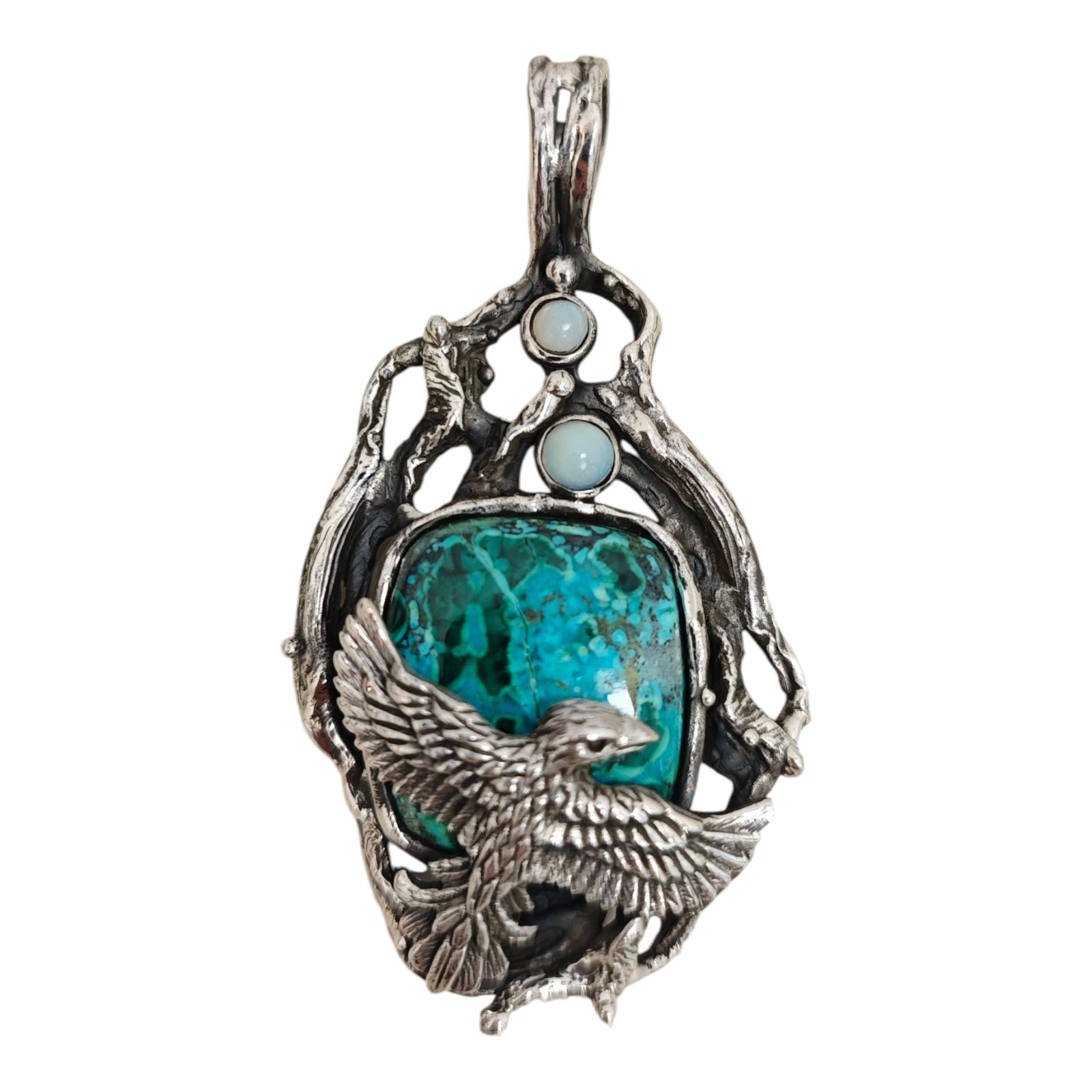 Pendentif Argent artisanal \'Lyrielle\' amazonite argenté vieilli - 50x35 mm - [S1692]