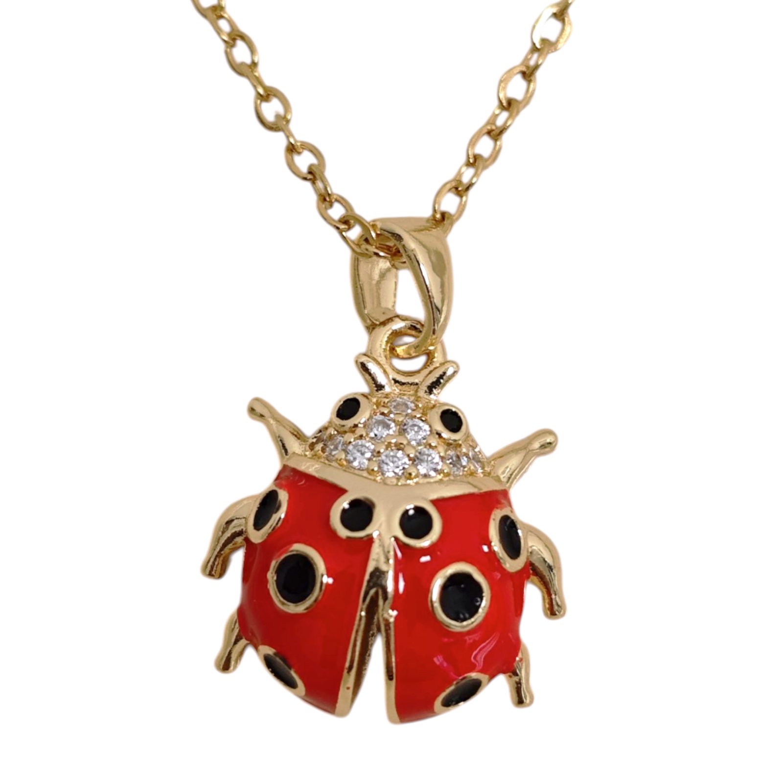 Collier créateur acier \'Coccinelle\' rouge doré - 15x15 mm - [S1762]