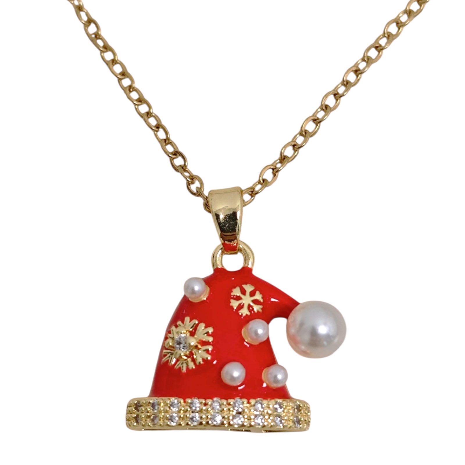 Collier créateur acier \'Noël\' rouge doré - 20x15 mm (bonnet de noël) - [S1764]