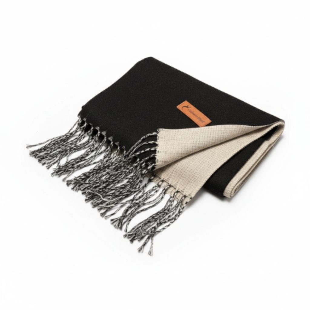 Écharpe laine cachemire \'Highlands\' bicolore noir beige - 200x70 cm - [S1778]