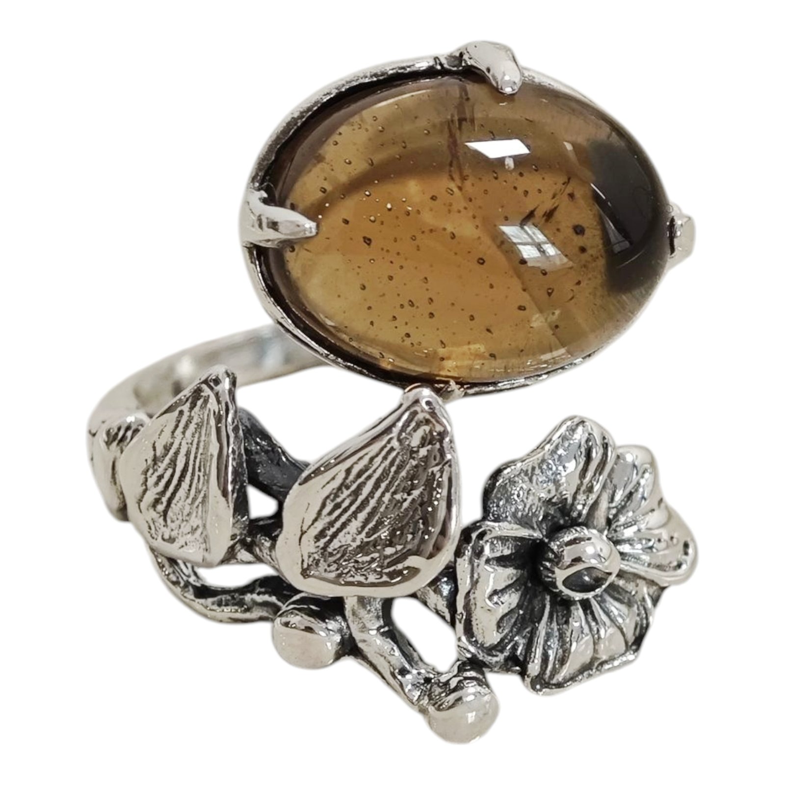 Bague argent \'Lyrielle\' ambre - 25x20 mm (ajustable) - [S1802]