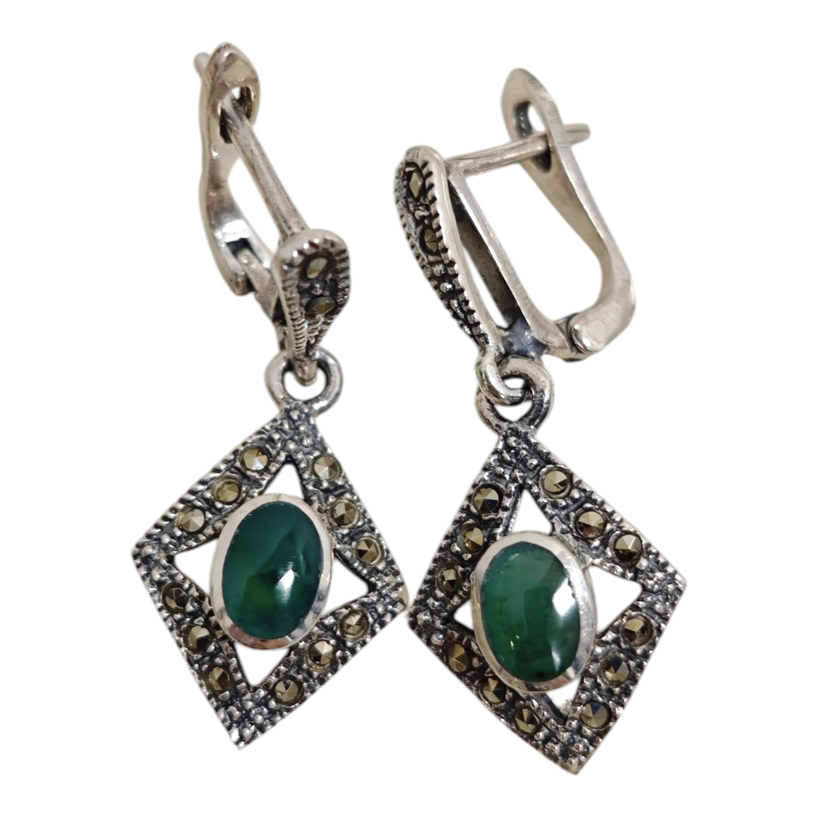 Boucles Argent \'Sappho\' vert gris (marcassite) argenté - 15x13 mm - [S1814]
