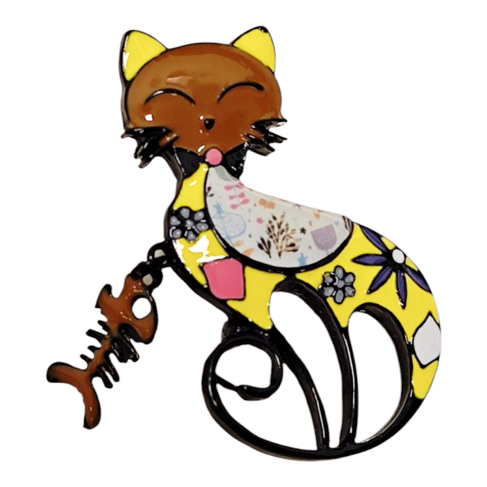 Broche Créateur \'Chat\' jaune marron - 50x30 mm - [S1851]