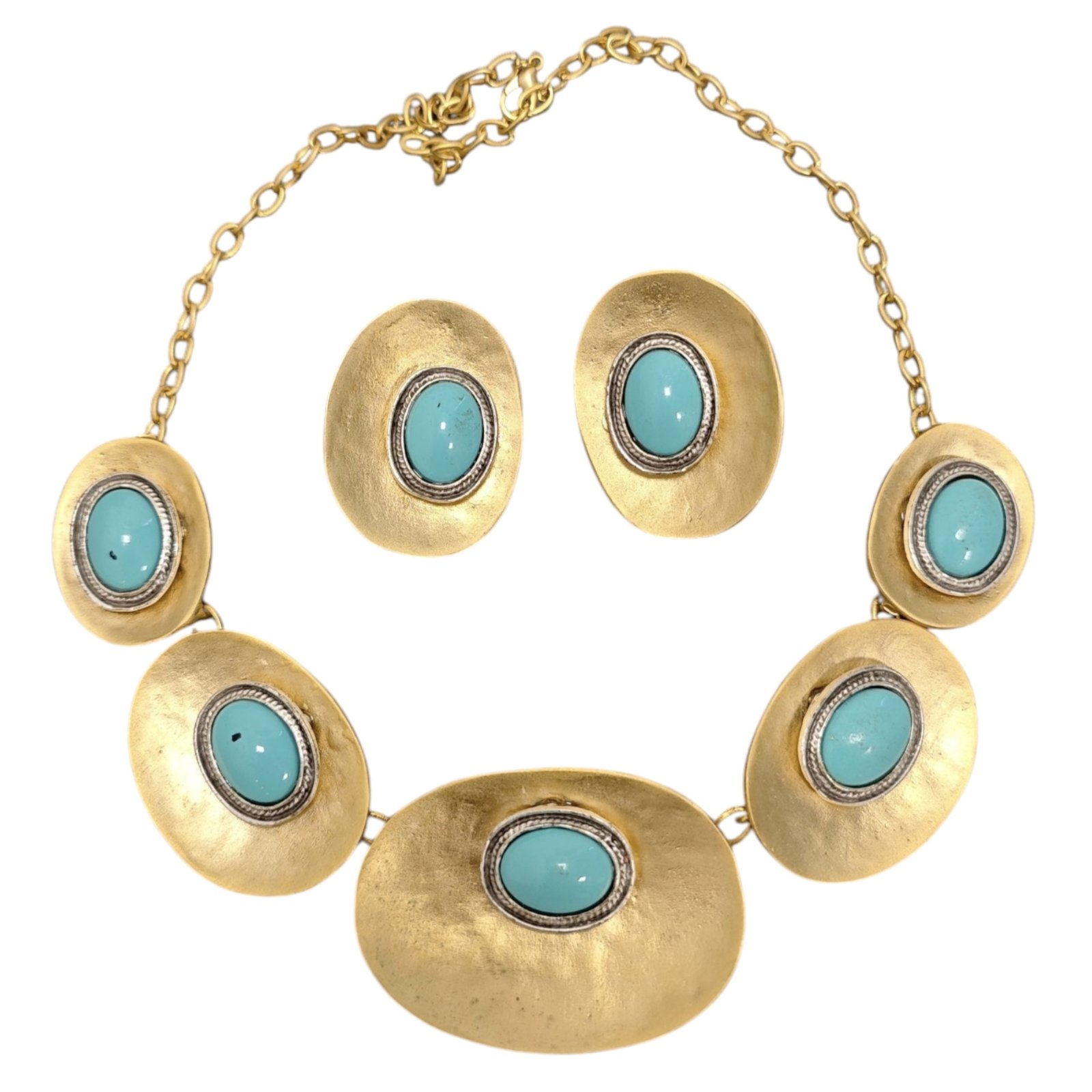 Parure créateur \'Cleopatra\' turquoise doré - 20x4 cm, boucles 4x3 cm - [S1885]