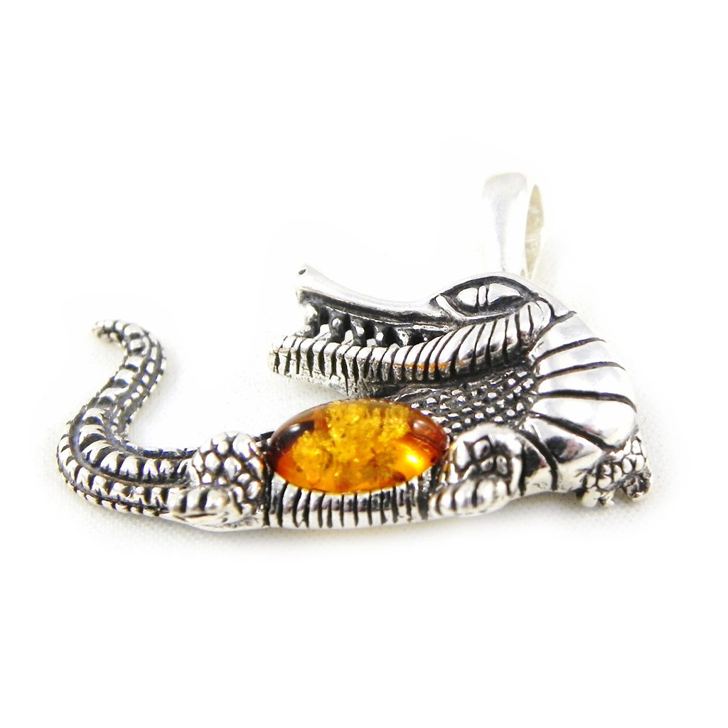 Pendentif Argent \'Crocodile\' Ambre - 33x20 mm - [F9856]