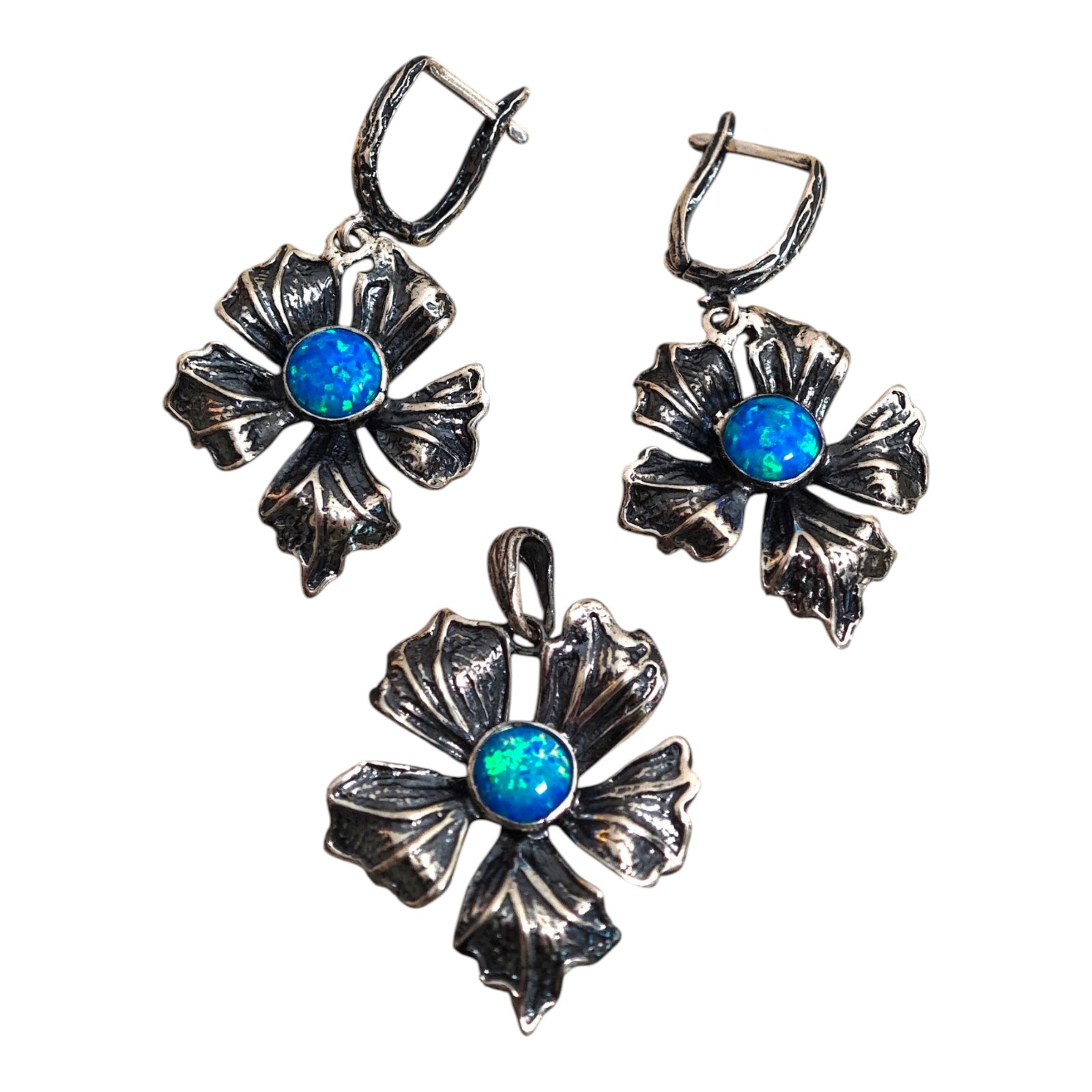 Parure Argent \'Déesse Opale\' bleu argenté (pendentif et boucles d\'oreilles) - [S1701]