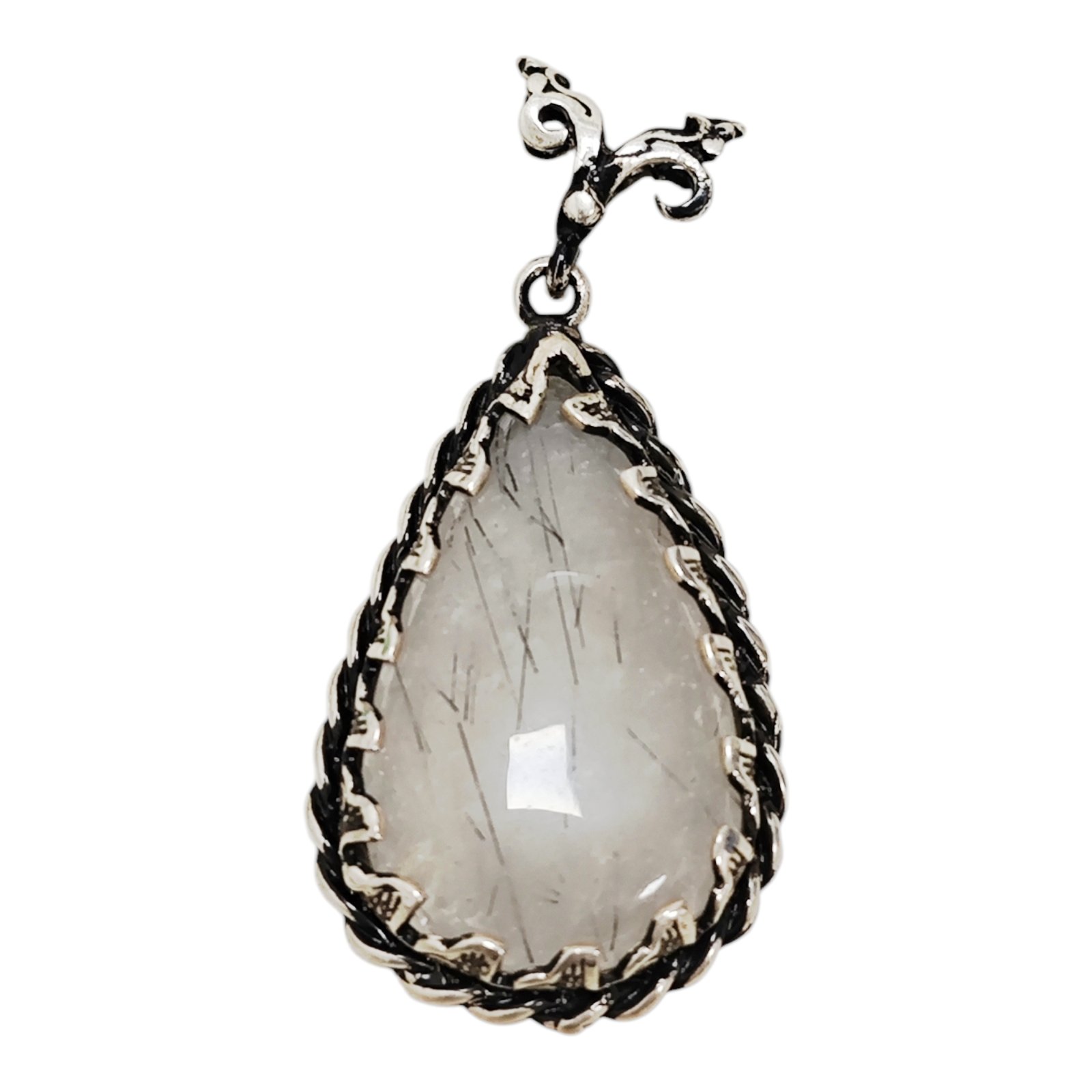 Pendentif Argent artisanal \'Lyrielle\' quartz rutile argenté vieilli - 35x24 mm - [S1931]