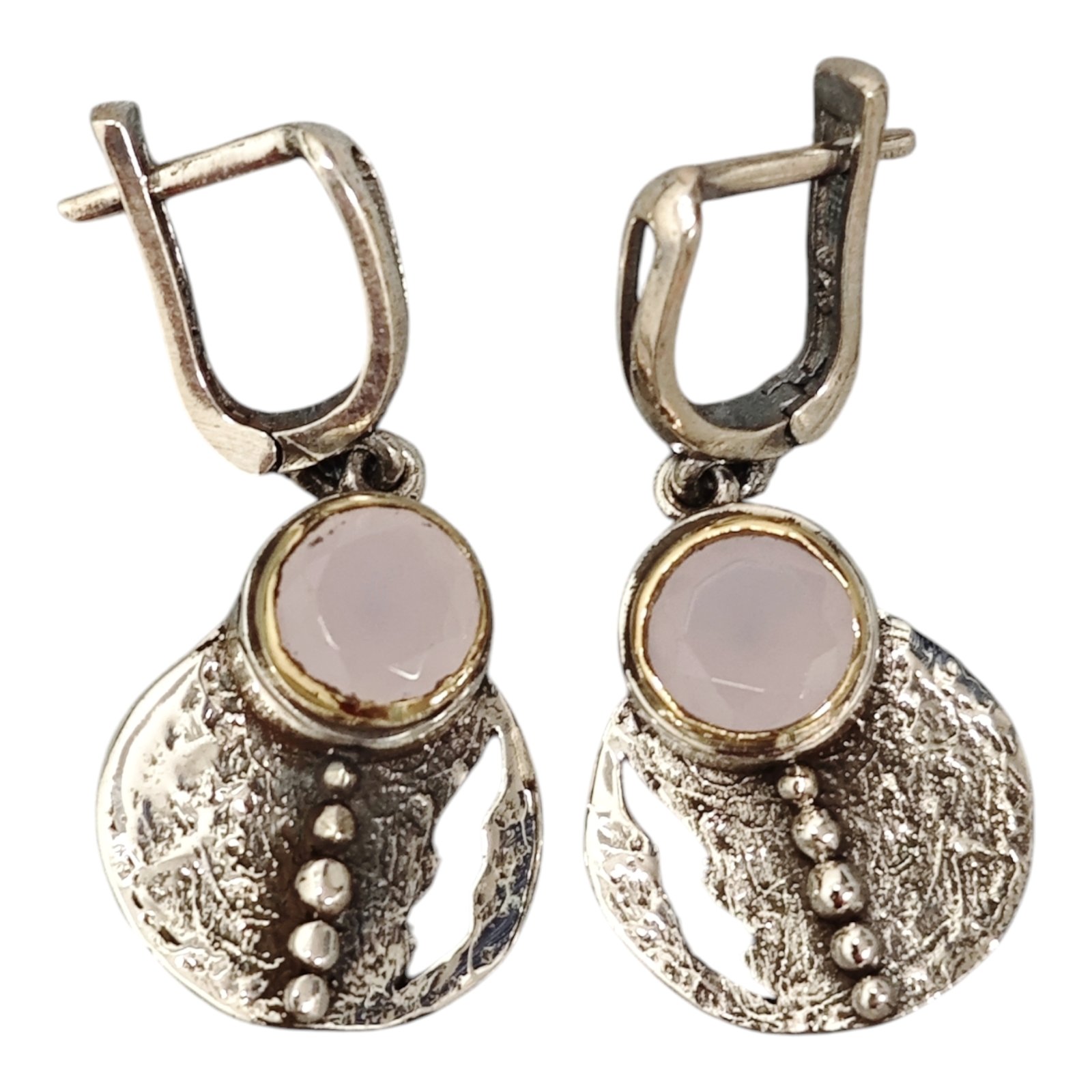 Boucles Argent artisanales \'Lyrielle\' quartz rose argenté vieilli - 20x18 mm - [S1953]