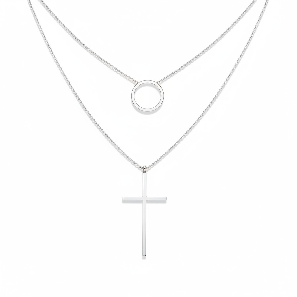 Collier argent double \'Croix\' argenté - croix 50x24 mm - [S1959]