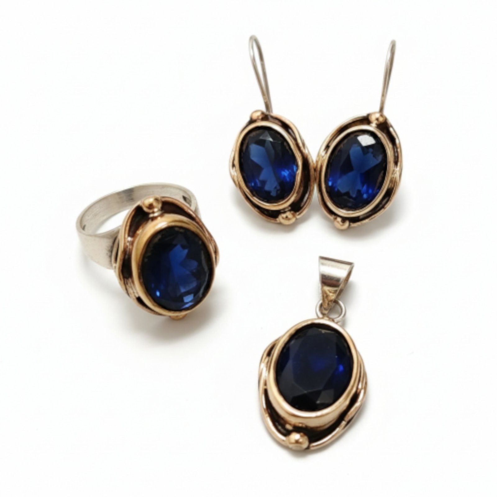 Parure de bijoux Argent artisanale \'Lyrielle\' bleu doré argenté - 23x17 mm (collier + boucles d\'oreilles + bague) - [S1966]