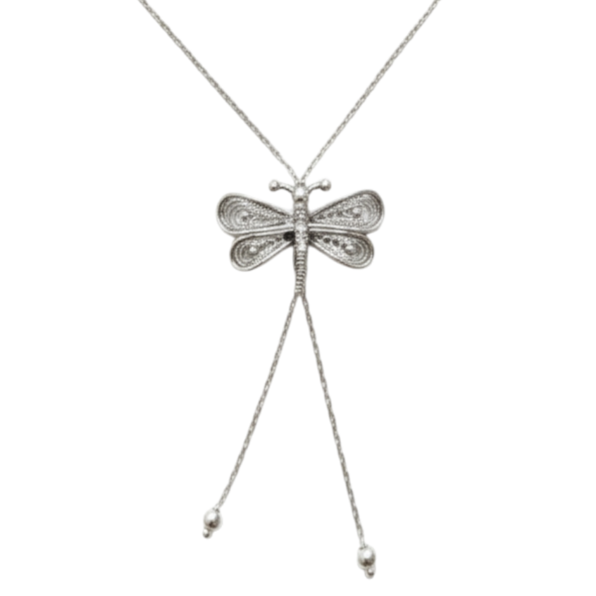 Collier Argent \'Libellule\' argenté vieilli - 45 cm, 58x22 mm - [S1985]