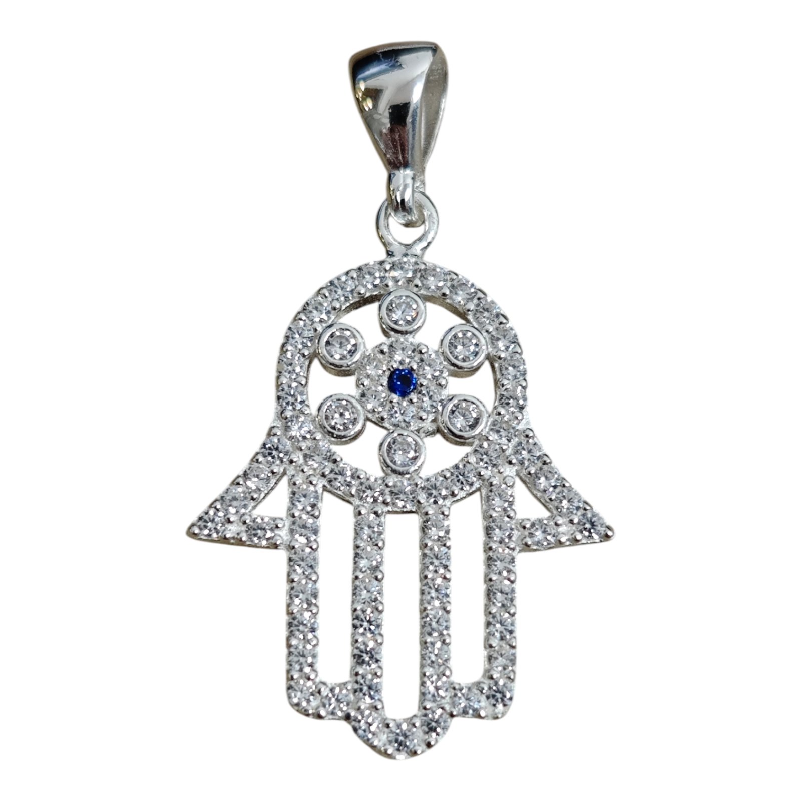 Pendentif Argent \'Main Fatma\' bleu blanc argenté - 24x19 mm - [S2002]