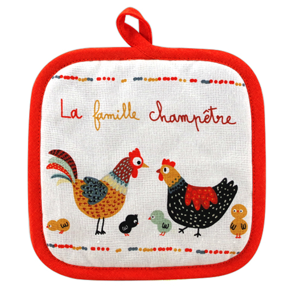 Manique coton \'Poules\' orange blanc (la famille Champêtre) - 20x20 cm - [R6607]
