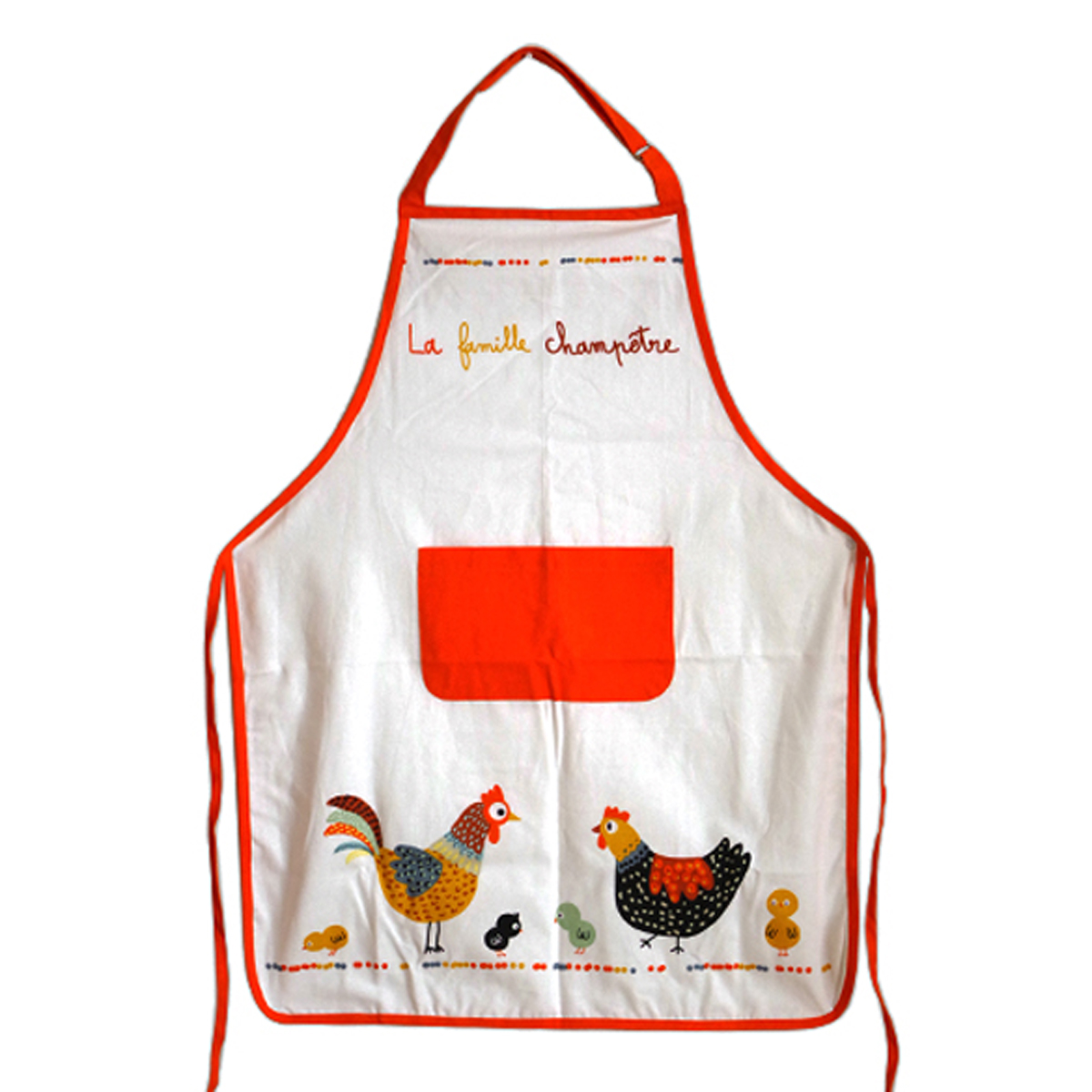 Tablier de cuisine coton \'Poules\' orange blanc (la famille Champêtre) - 90x70 cm - [R6609]