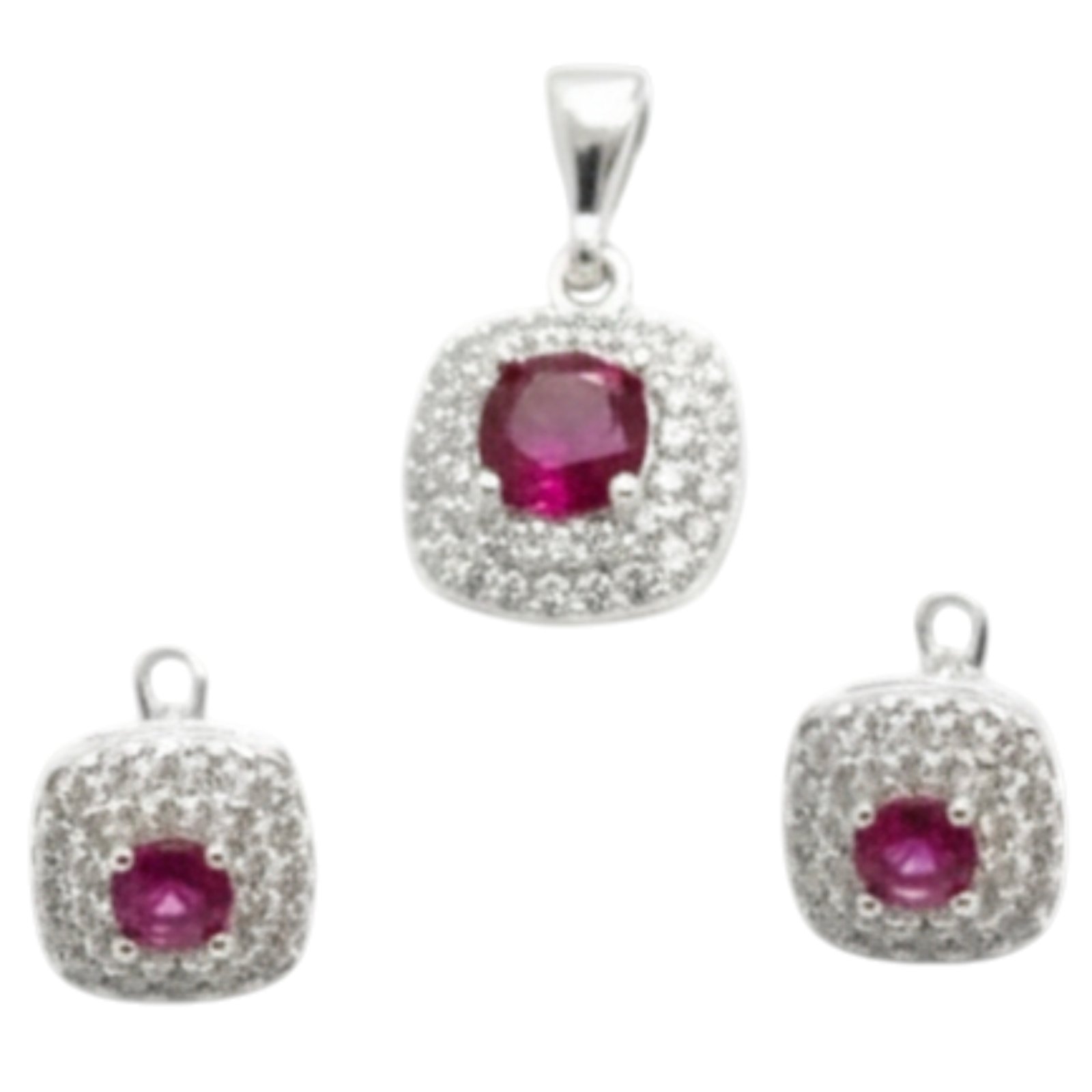 Parure Argent \'Arégonde\' rubis argenté - 12x12 mm et boucles 10x10 mm (boucles + pendentif) - [S2057]