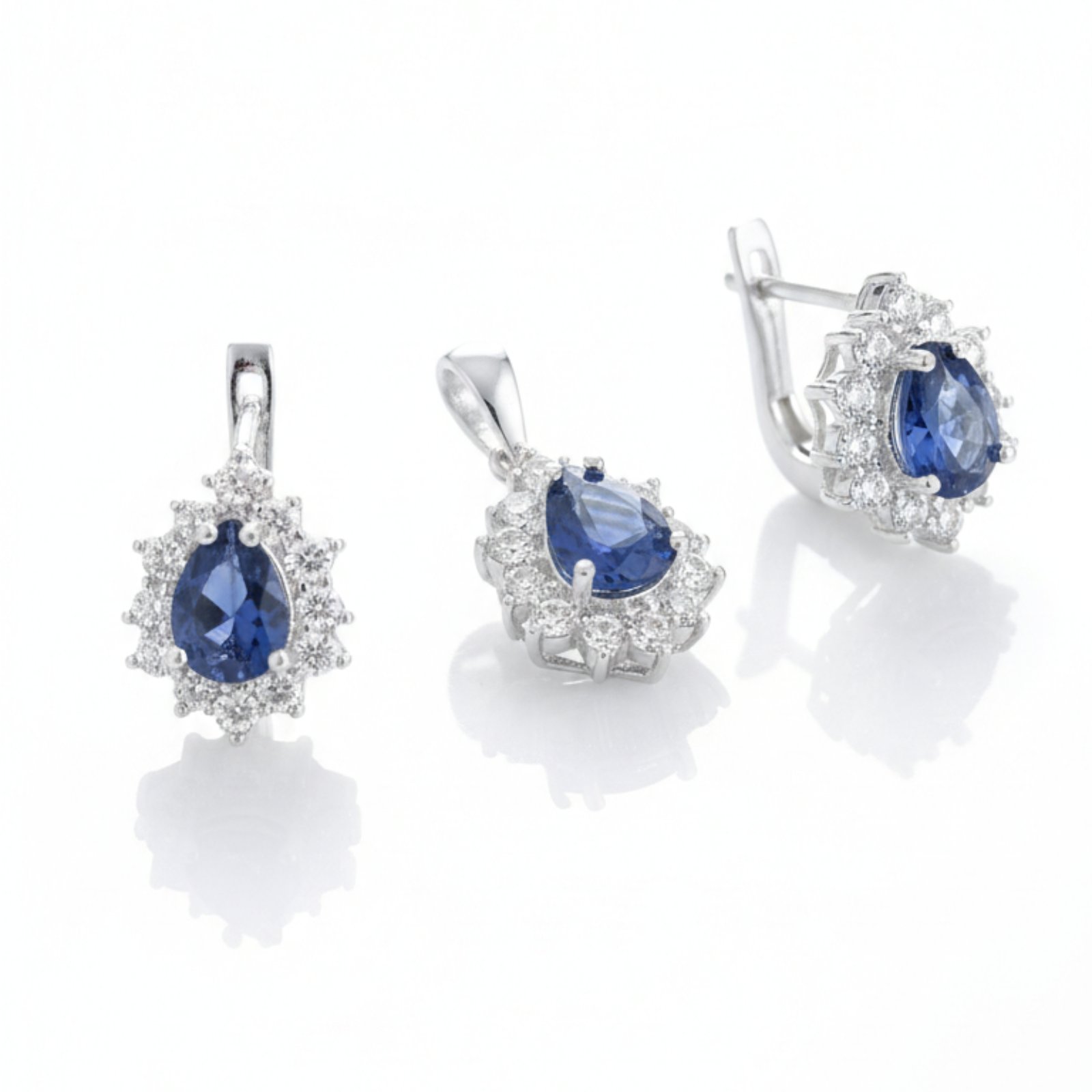 Parure Argent \'Arégonde\' bleu argenté - 15x12 mm (boucles + pendentif) - [S2059]