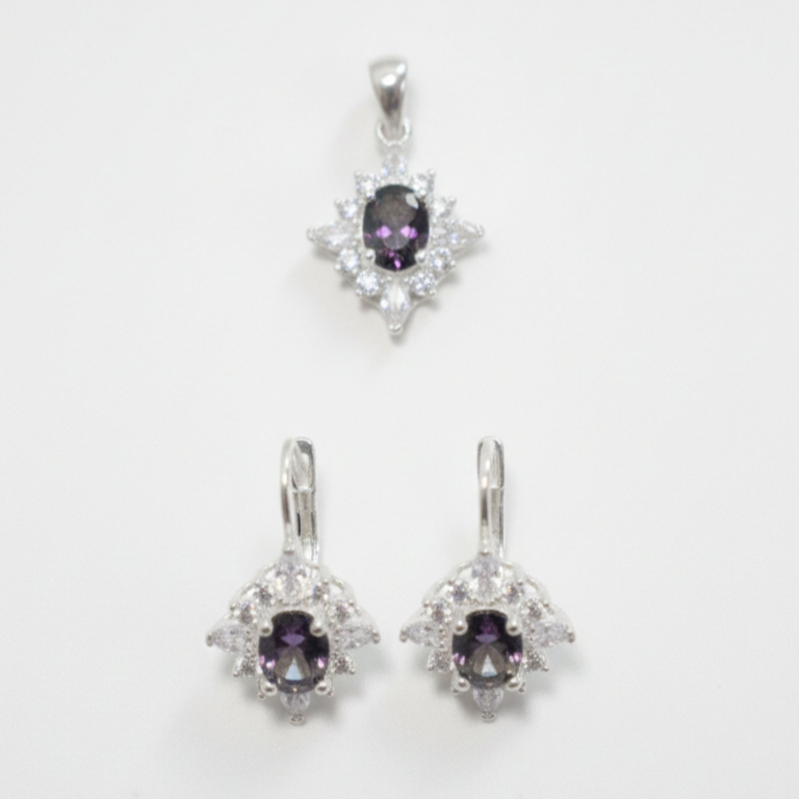 Parure Argent \'Arégonde\' gris violet vert argenté - 15x15 mm (boucles + pendentif) - [S2061]