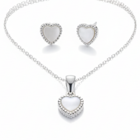 Parure argent \'Love\' blanc argenté (collier et boucles) - 8x8 mm - [S2063]