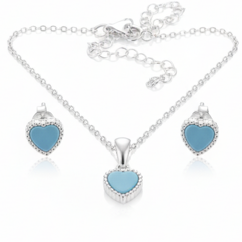 Parure argent \'Love\' turquoise argenté (collier et boucles) - 8x8 mm - [S2064]