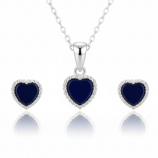 Parure argent \'Love\' bleu argenté (collier et boucles) - 8x8 mm - [S2065]