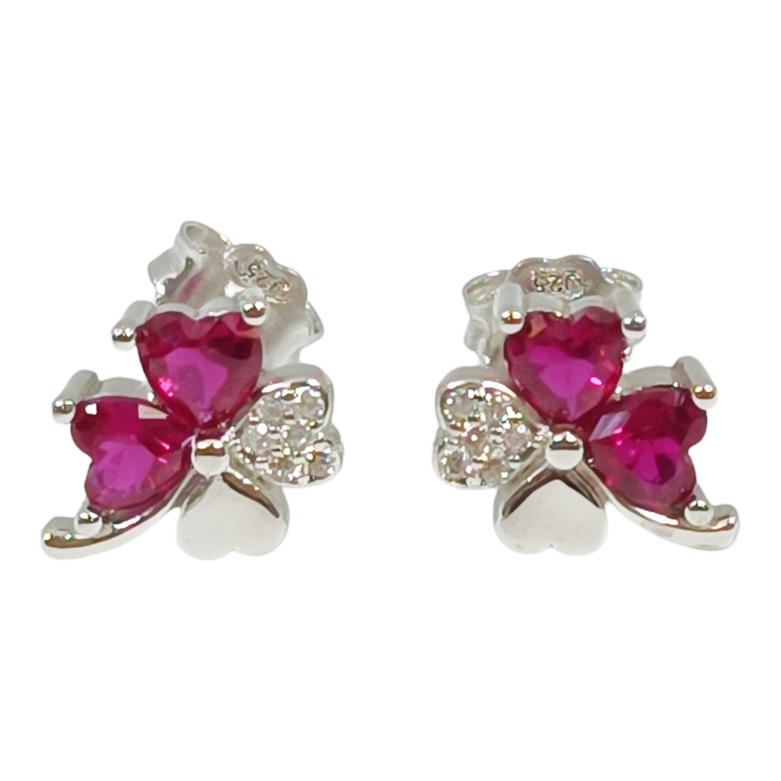 Boucles Argent \'Trèfles à 4 Feuilles\' rubis argenté (rhodié) - 12x8 mm - [S0462]