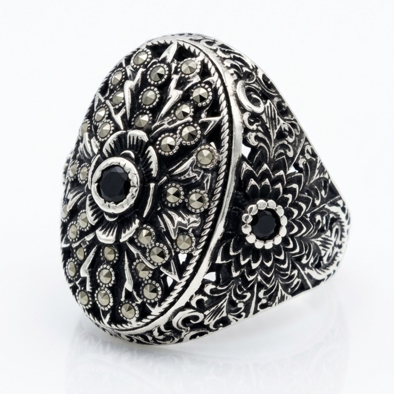 Bague Argent \'Sappho\' noir marcassite argenté vieilli - 30 mm - [S2114]