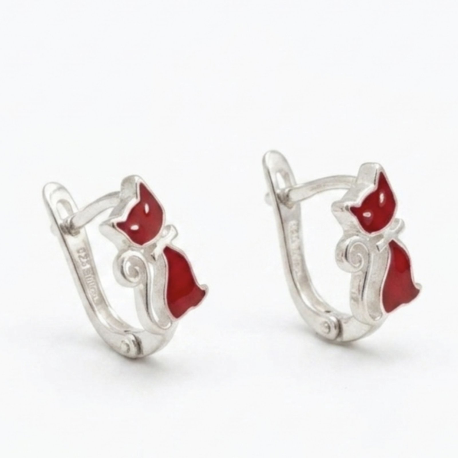 Boucles Argent \'Chats\' rouge argenté - 8x5 mm - [S2118]
