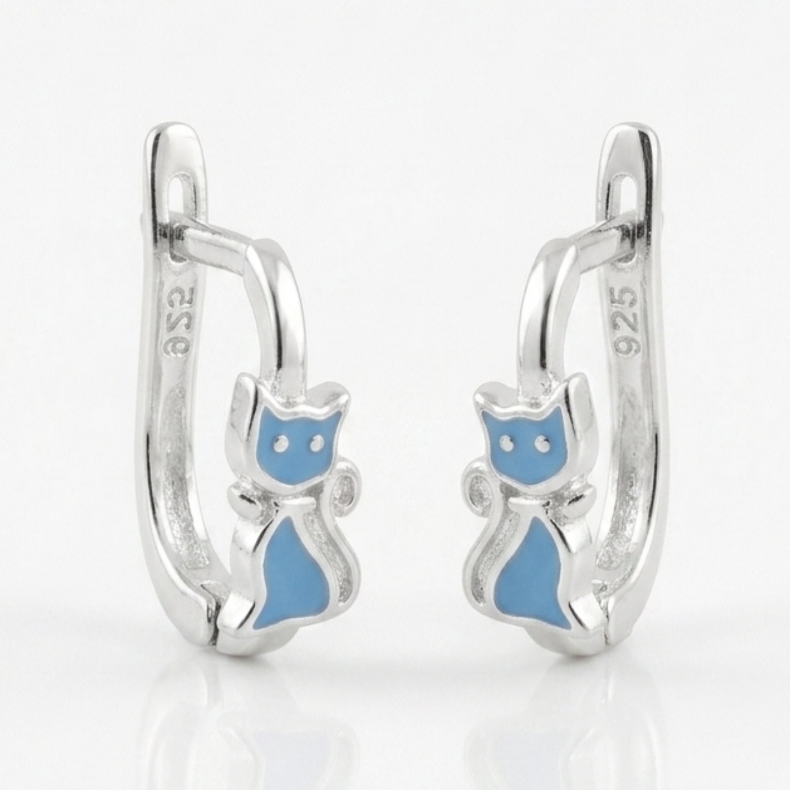 Boucles Argent \'Chats\' bleu ciel argenté - 8x5 mm - [S2119]