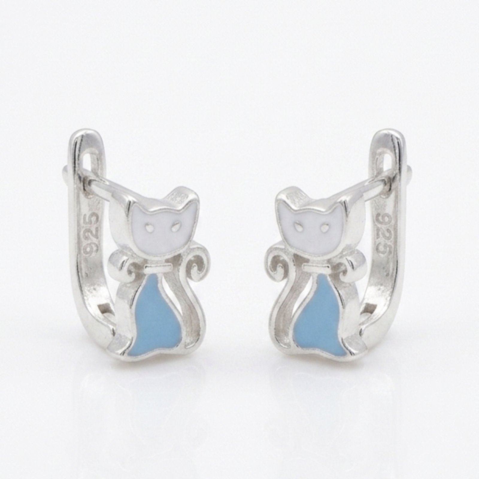 Boucles Argent \'Chats\' bleu ciel blanc argenté - 8x5 mm - [S2120]