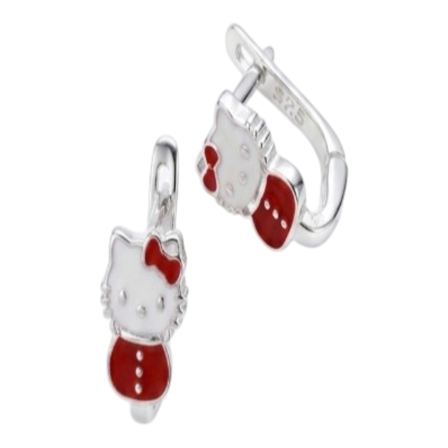Dormeuses Argent \'Kitty\' rouge blanc - 9x7 mm - [S2122]